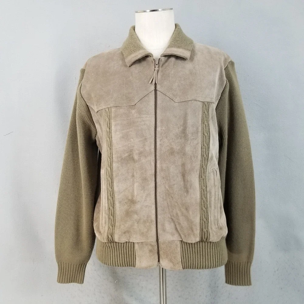 Caribou Bay Jacket Mens XL Beige Vintage 80s Suede Leather Knit Mixed Bomber